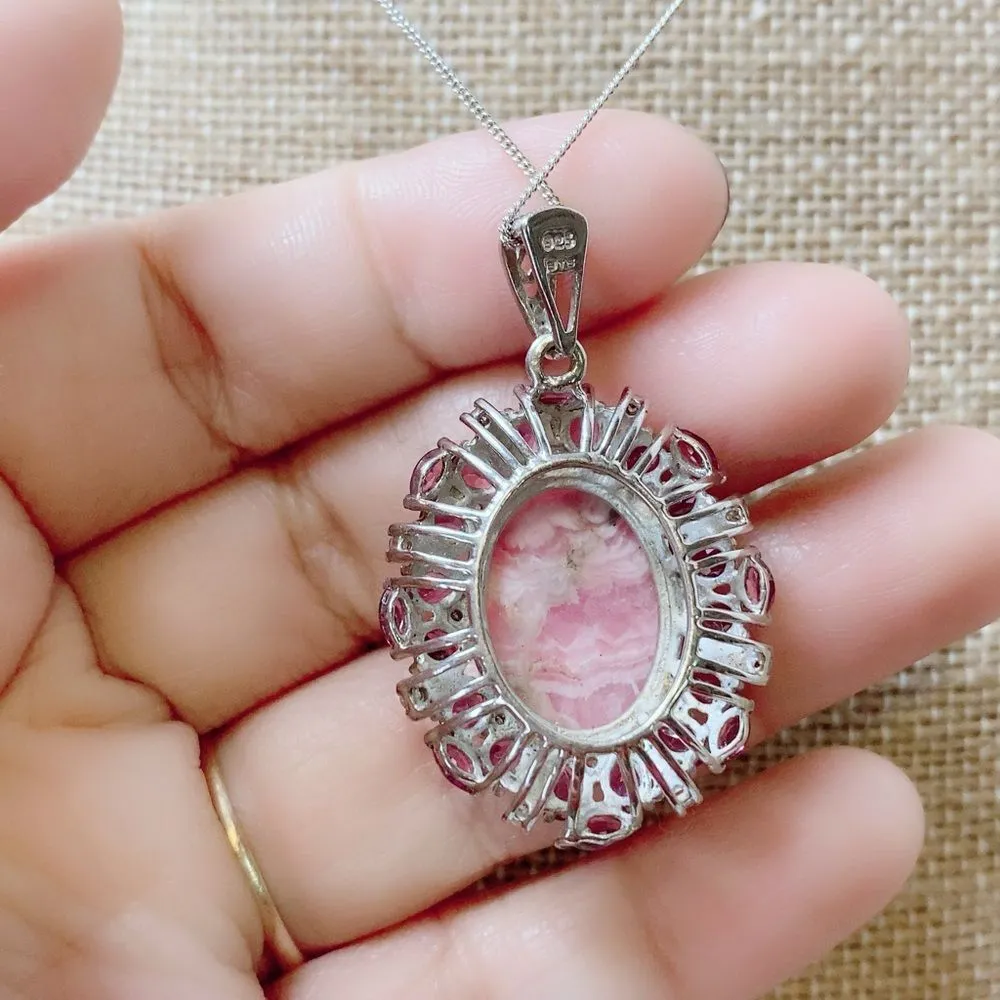 Sterling Silver 925 Oval Rhodochrosite + Rhodolite Pendant Necklace 20" Chain - Image 11