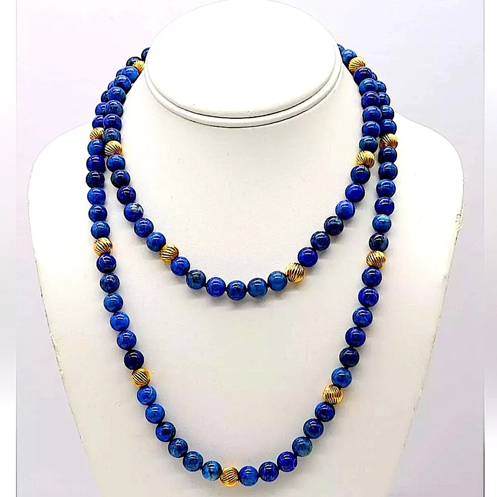 VINTAGE Lapis Lazuli 14k Gold Sculpted Beads & Clasp Hand Knotted Necklace - Image 15