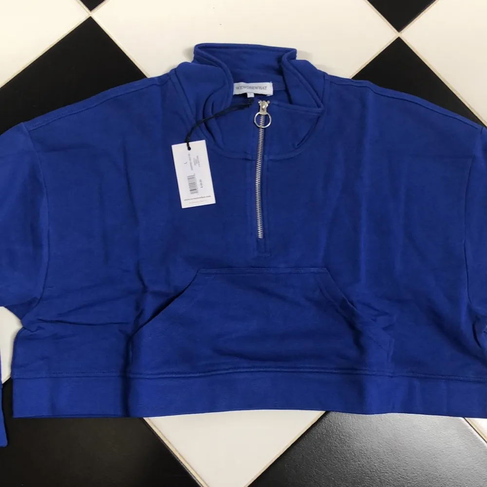 NWT WeWoreWhat Cropped Sweatshirt Half Zip Pullover Terry Cobalt Blue Collared L - Image 4