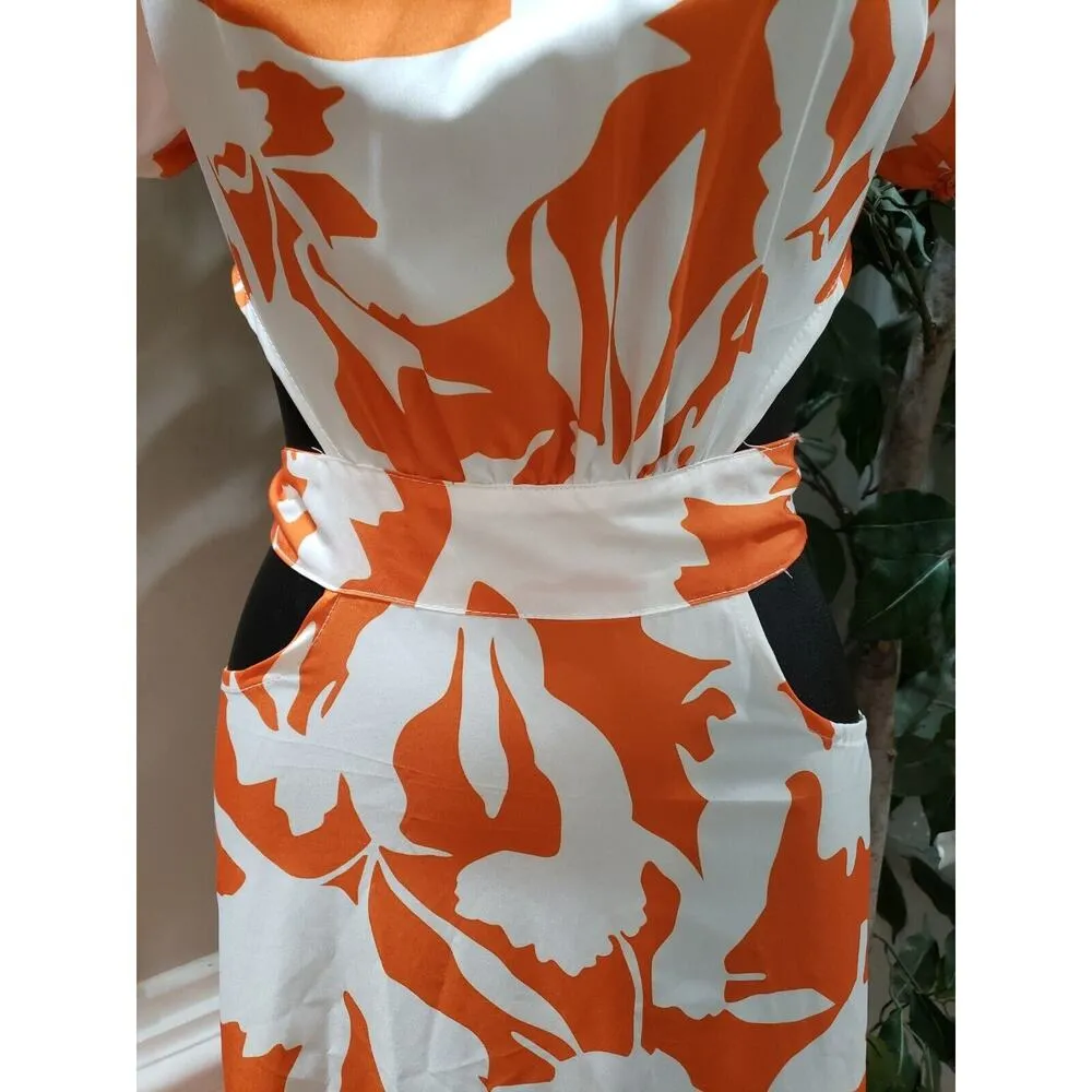 Womens White Orange Floral Pleated Waist Backless Short Sleeve Long Maxi Dress L Size L - Image 3