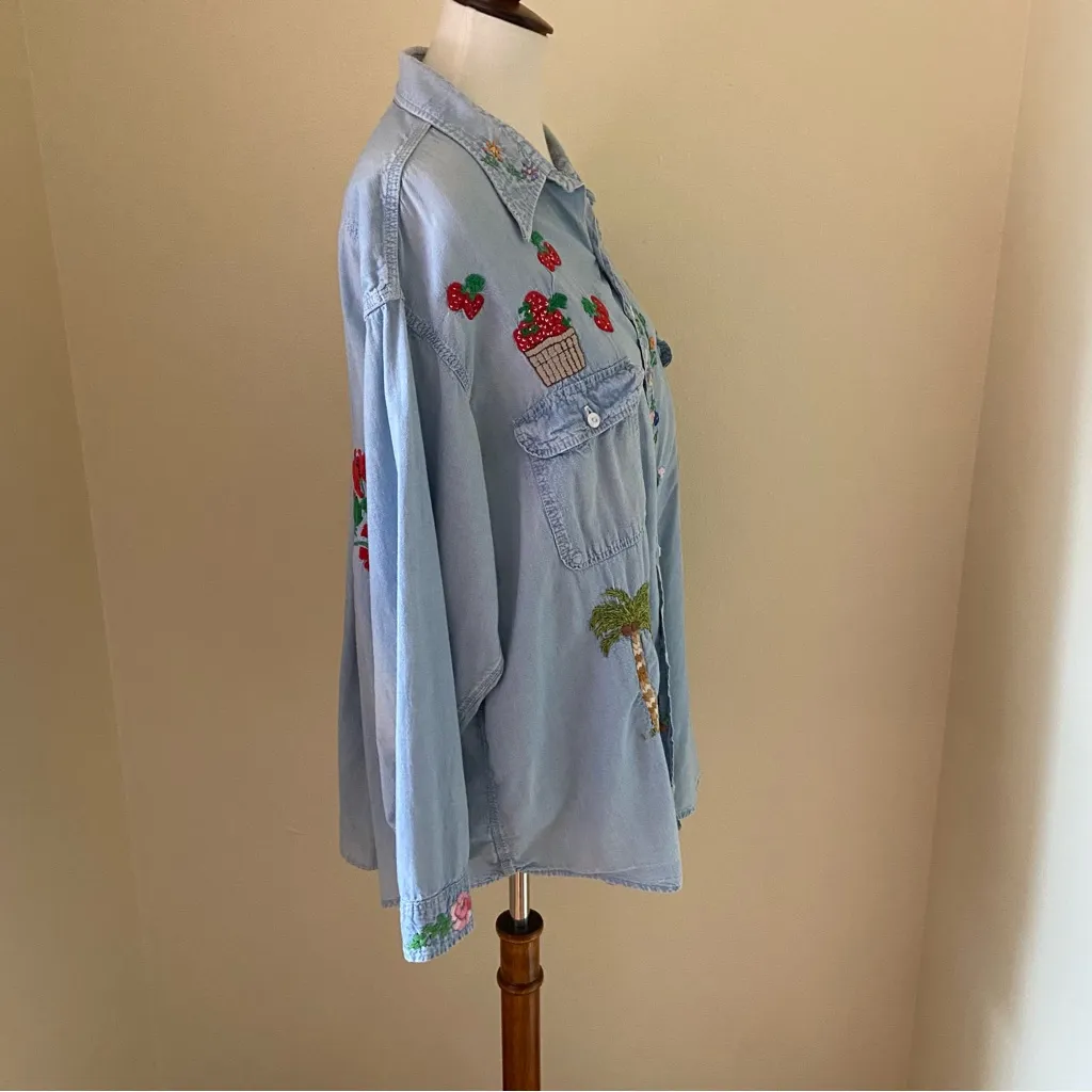 70s Vintage Embroidered Big Mac Button Up Top Blue Size M - Image 16