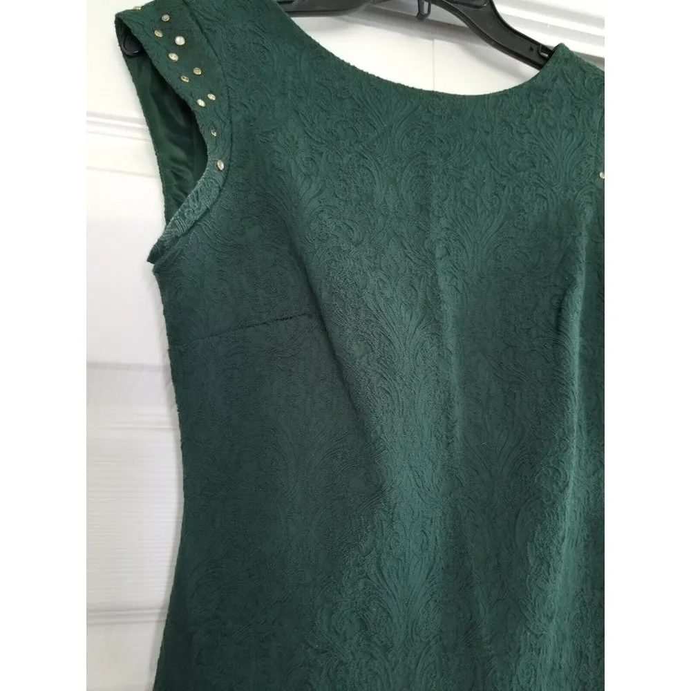 Vintage Zara Emerald Green Brocade Lace Sheath Dress w/Studs Womens Size Small - Image 3