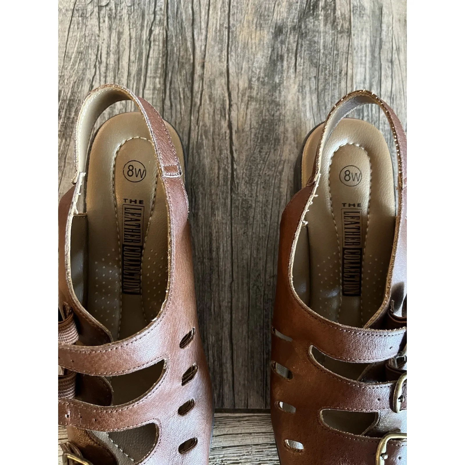 The Leather Collection Women’s Comfort Sandal Sling Back Tan Sz 8W Three Buckle Brown - Image 5