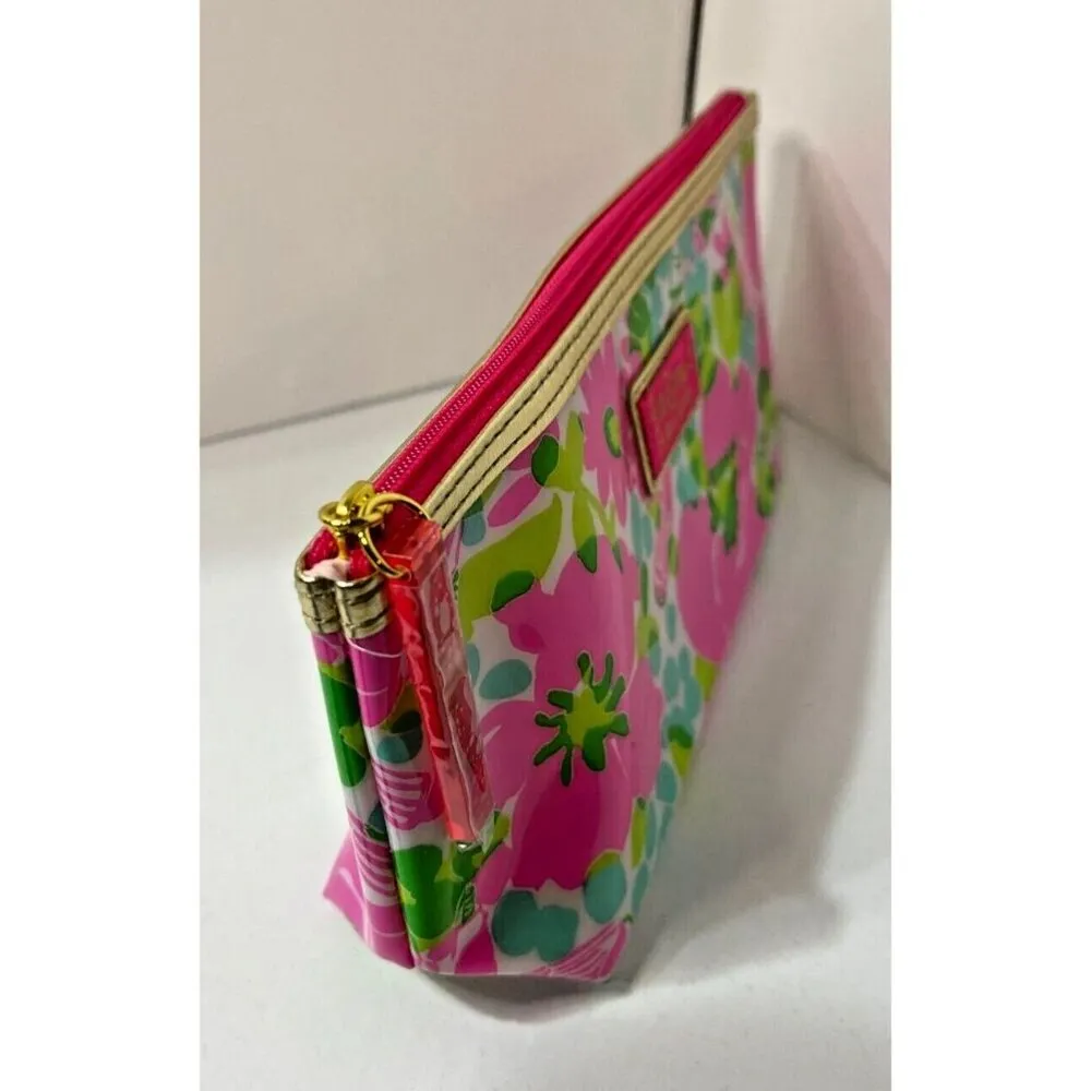 Lilly Pulitzer X Estee Lauder Cosmetic Bag Case Floral Print Pink/Green Zipper - Image 2