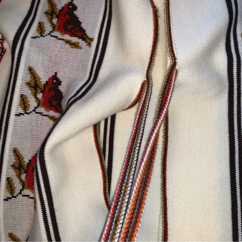 Vintage Knit Sweater Poncho Vest with Fringe Birds Neutral 1960s 1970s Tie Size undefined - Image 2