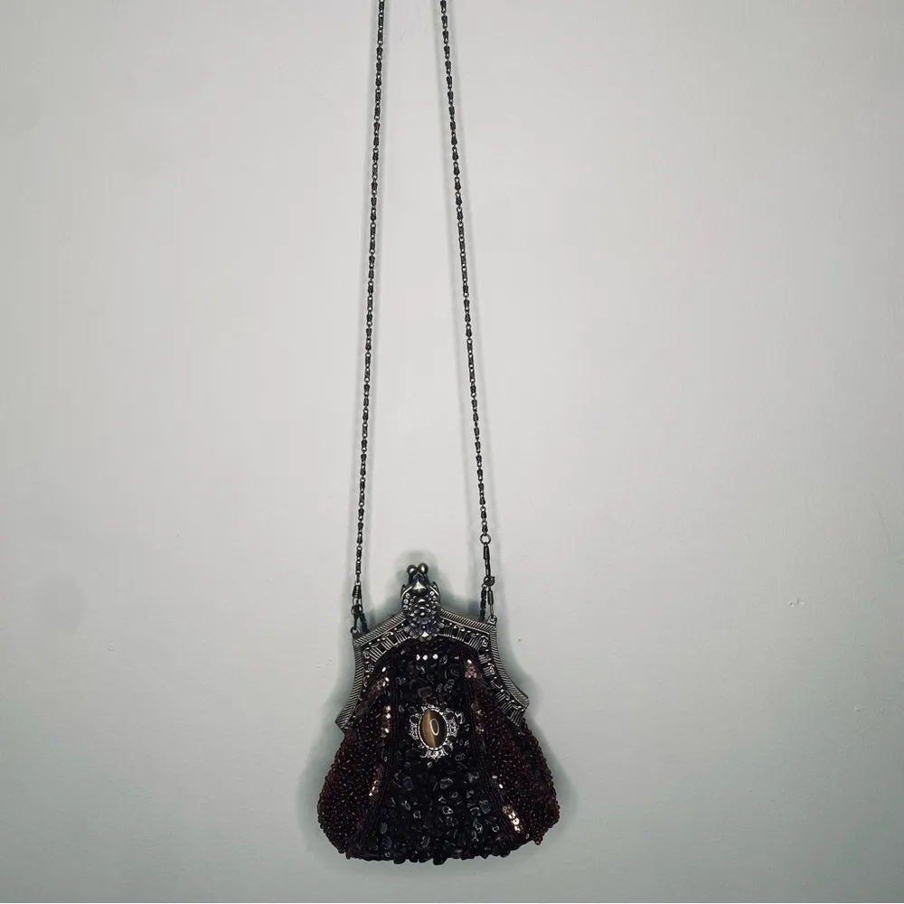 Vintage Ole Gift Art Deco Tiger Eye Stones Beaded Sequin Rhinestone Small Bag Brown - Image 8