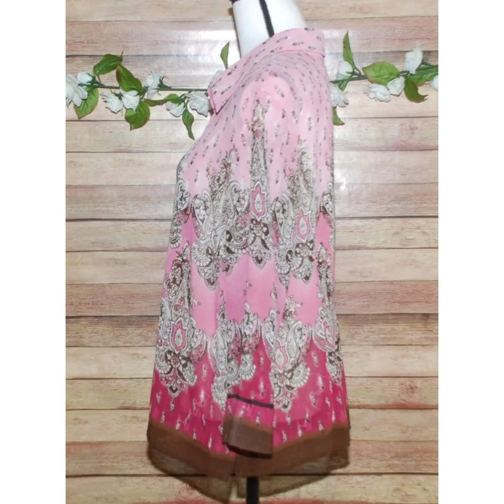 Pretty Emma James Paisley Print Pink Brown Sheer Blouse Size 16 Career Church - Image 5