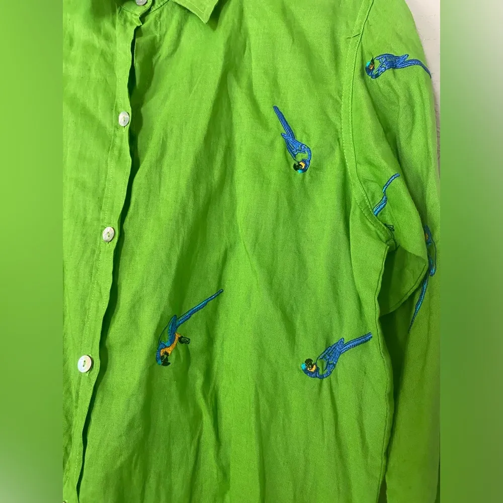 Casey Coleman Embroidered Parrot Long Sleeve Button Shirt M Oversize Green Linen Size M - Image 3