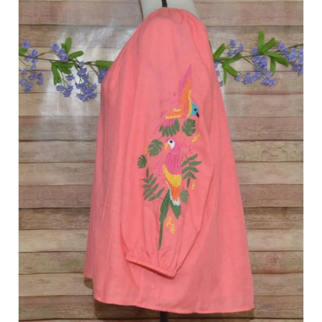 Crown & Ivy Coral Embroidered Parrot Blouse Tunic Top Size XL Vacation Cruise - Image 5