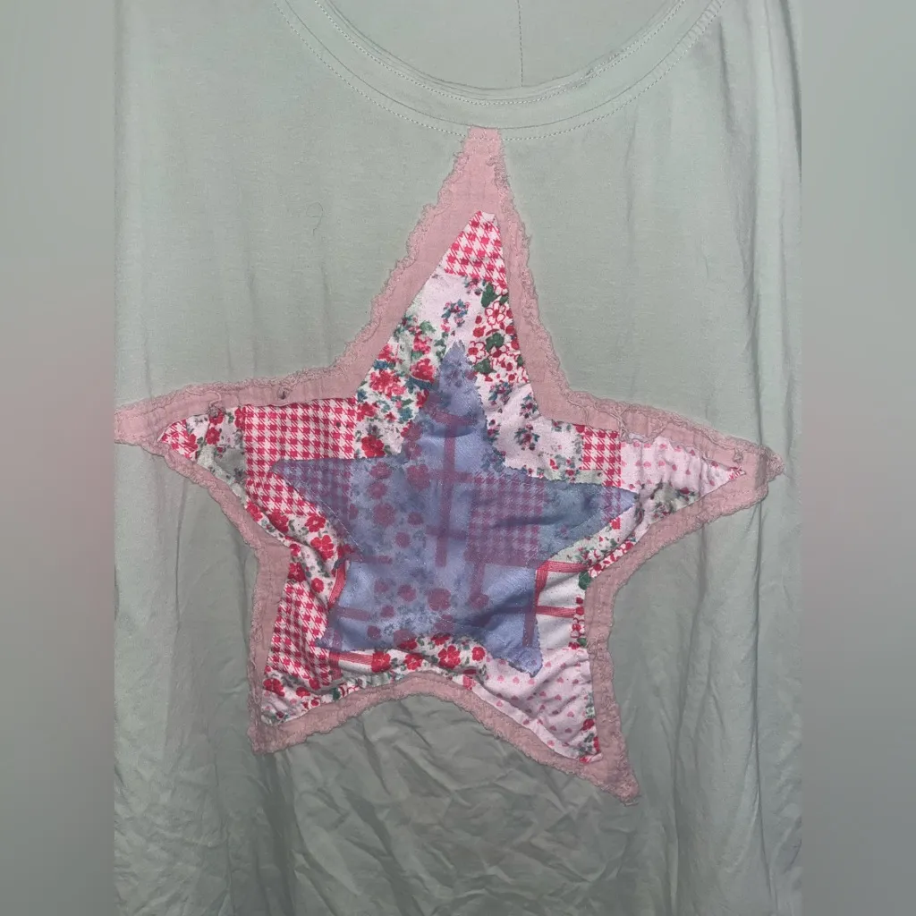 Layered Fabric Star Patchwork MintGreen Oversized T Shirt Y2K Indie Americana XL - Image 4