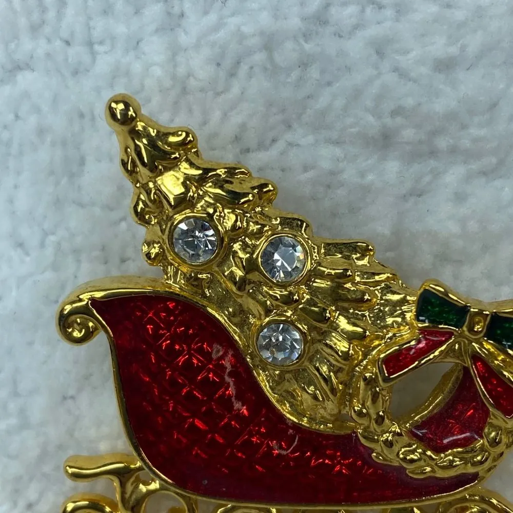 Santa Sleigh Christmas Tree Wreath Holiday Pin Brooch Gold Red Clear Colors - Image 14