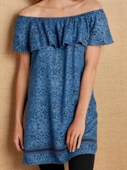 SOFT SURROUNDINGS Dark Wash Denim Chambray Aztec Boho Off the Shoulder Tunic Top - Image 1