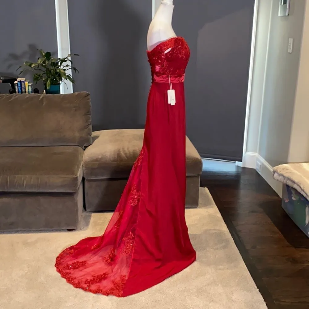 Women’s Deep Red Full Length Prom Party Formal Dress with Small Train Size 4 NWT Red - Image 6