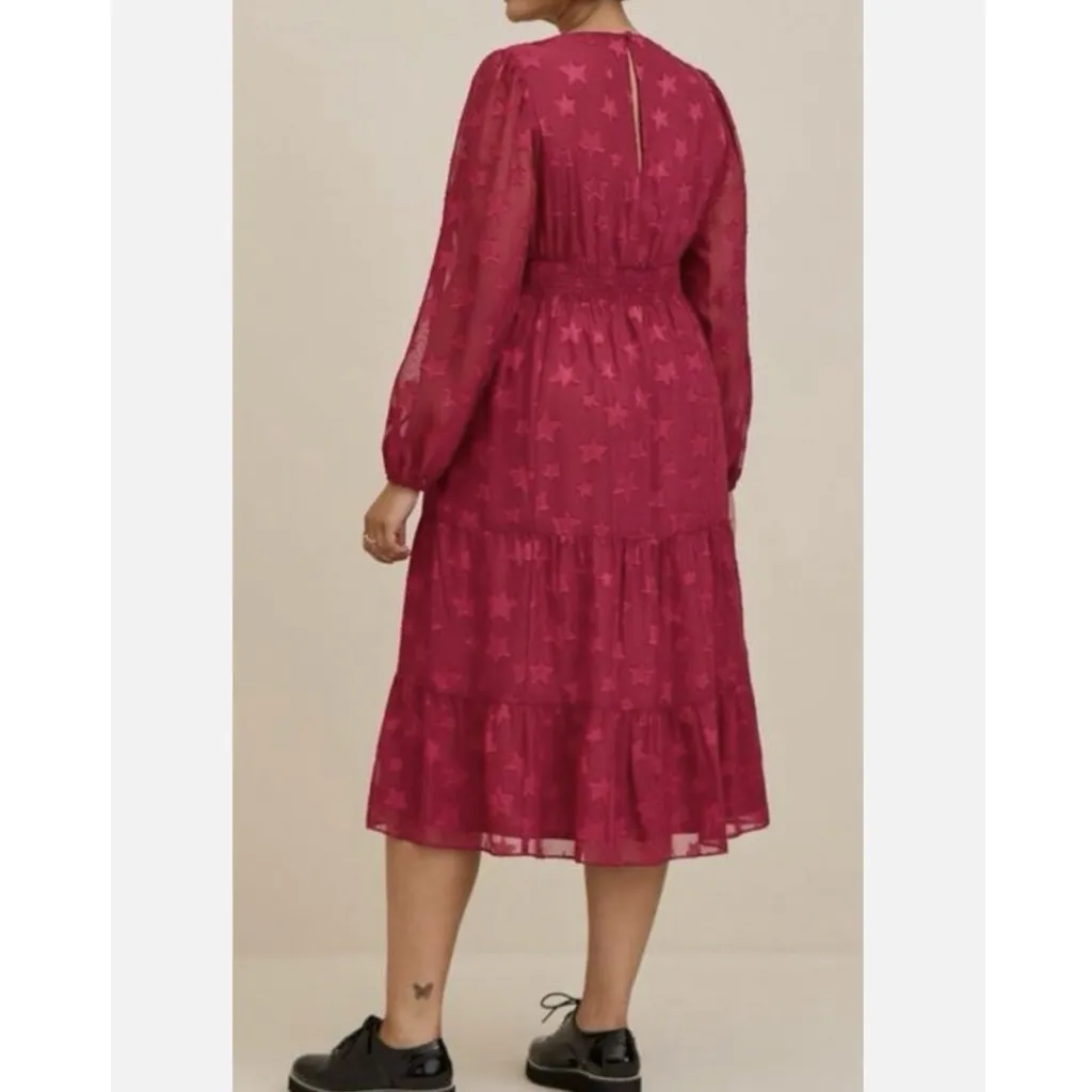 NWT Torrid Plus Burgundy Star Print Tiered Chiffon Midi Dress, Pockets - 1X - Image 11