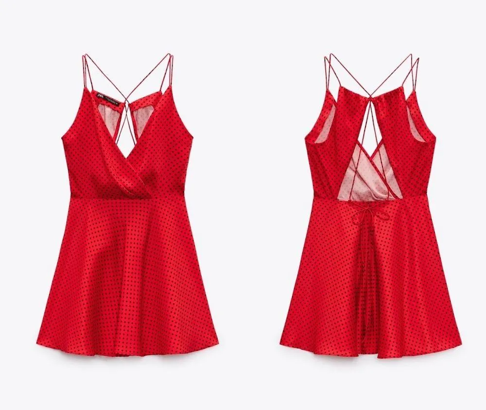 Zara Silky Red Polka Dot Mini Dress Open Back Medium New Tags - Image 4