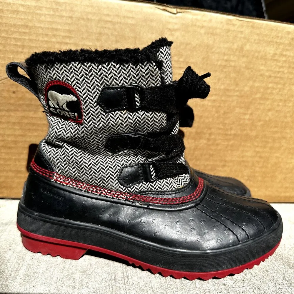 Sorel Tivoli Herringbone Tweed Winter Snow Boots Lace Up Chevron Faux Fur Red 7 - Image 3