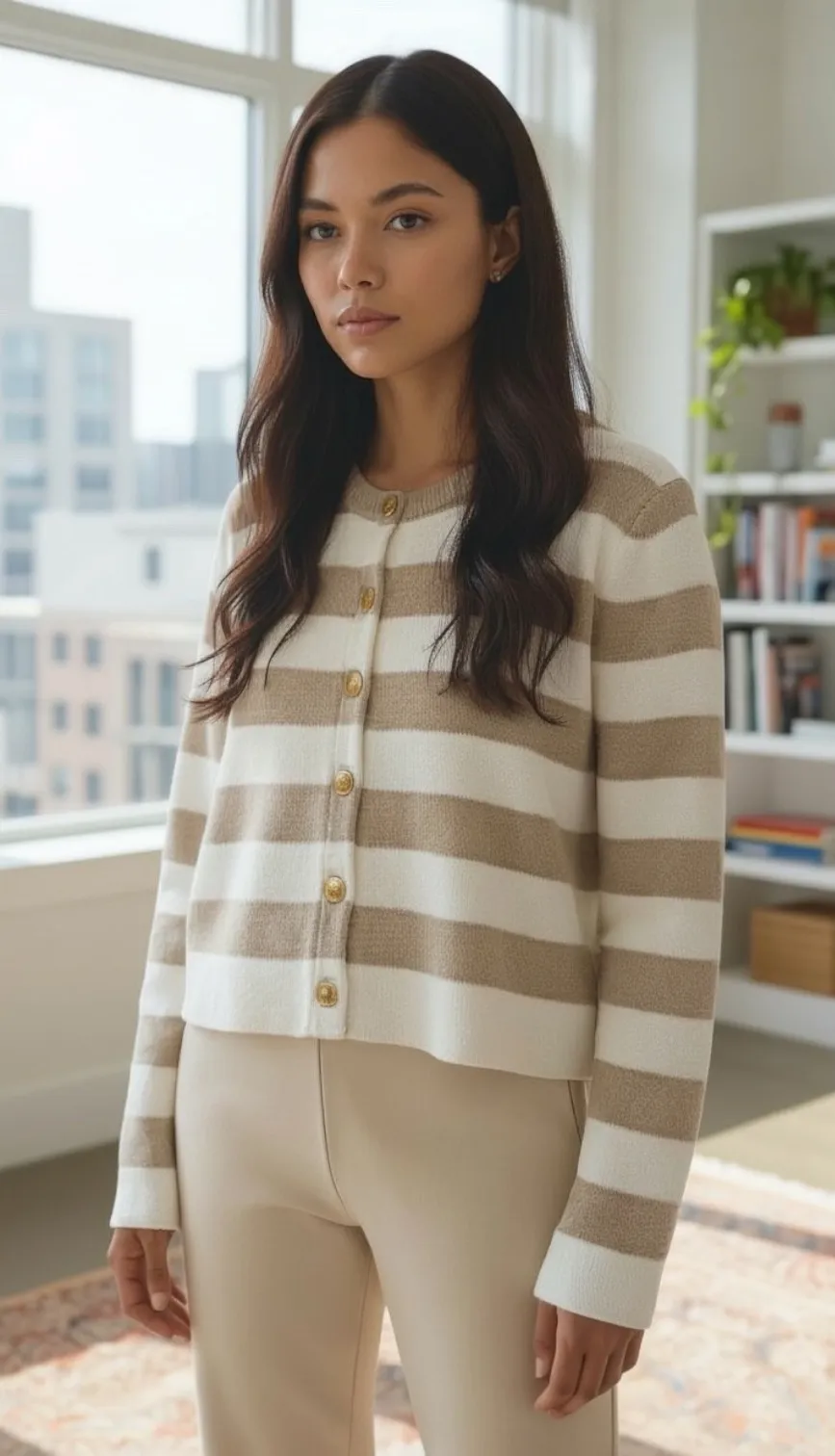 Hem & Thread Striped Button Cardigan Women's S Cream Tan Long Sleeve - Image 1