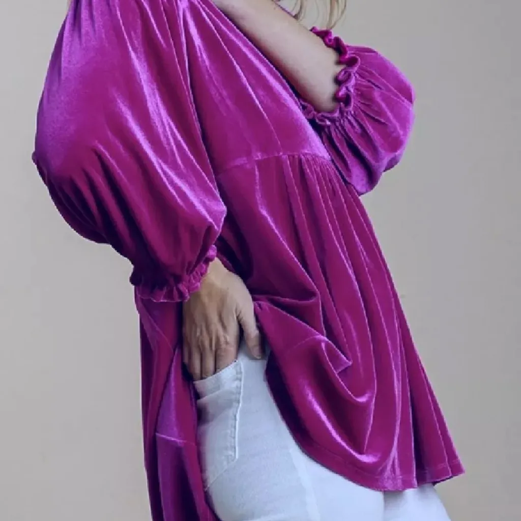 Umgee Small Magenta‎ Velvet V Neck High Waist Balloon Sleeves Tunic Top/ dress - Image 2