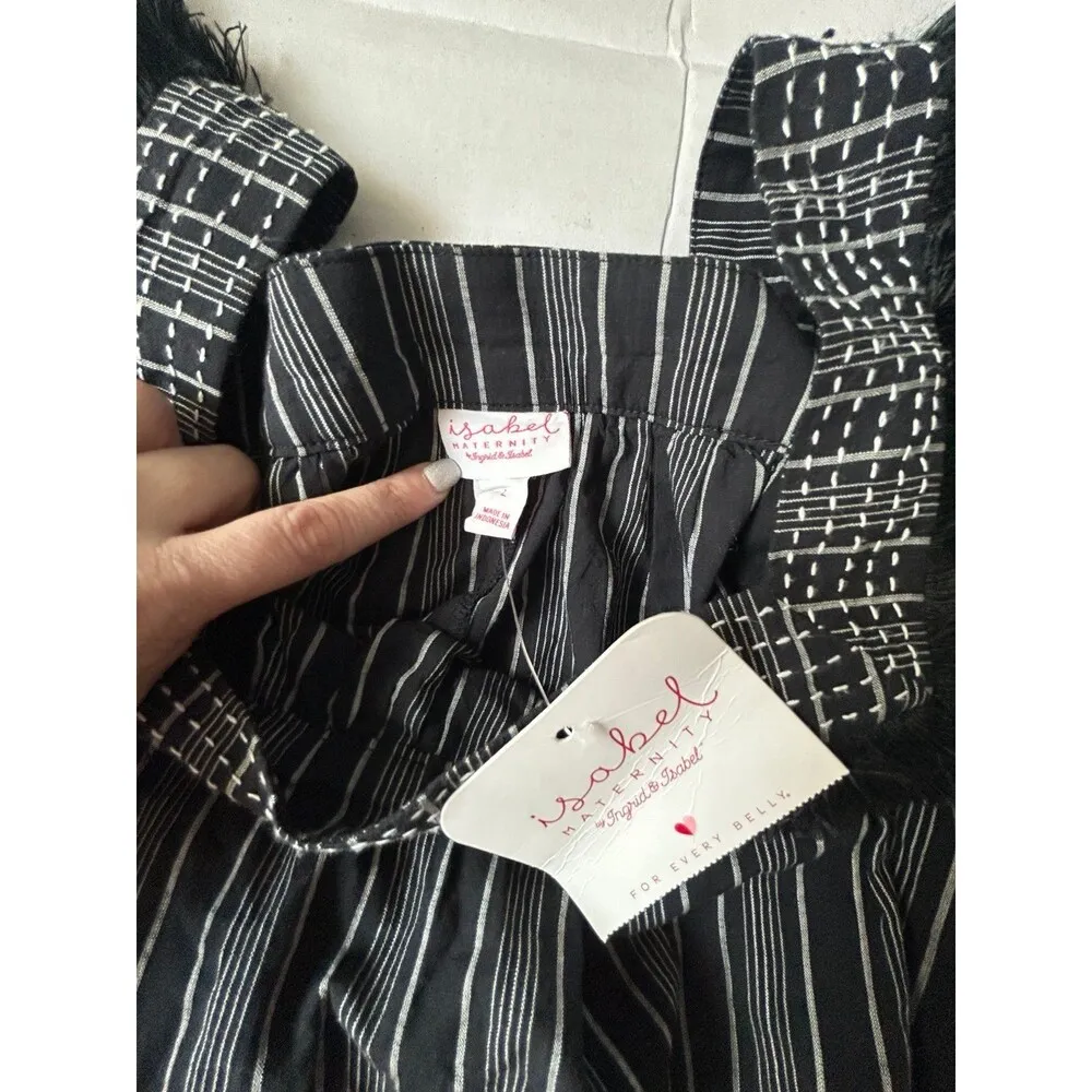 Isabel Maternity Women’s Black Striped Boho Fringed Short Sleeve Tunic Top - Image 3