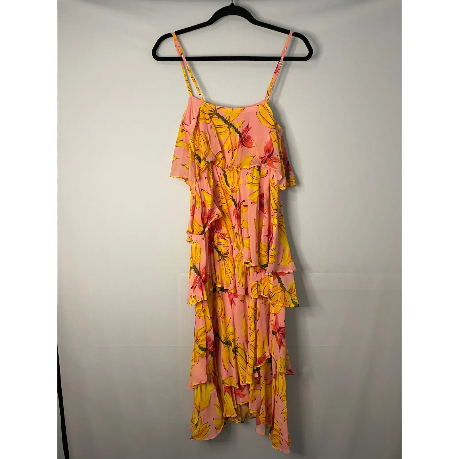 Farm Rio Banana Floral Tiered Maxi Dress Pink Yellow Strappy XS - Image 5
