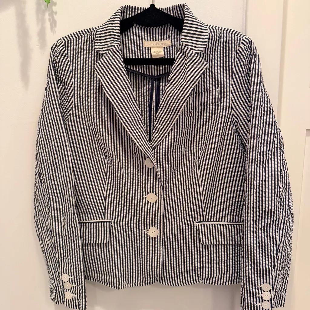 Sandro Designer Seersucker Navy White Stripes 100% Cotton Women's Blazer Size L - Image 2