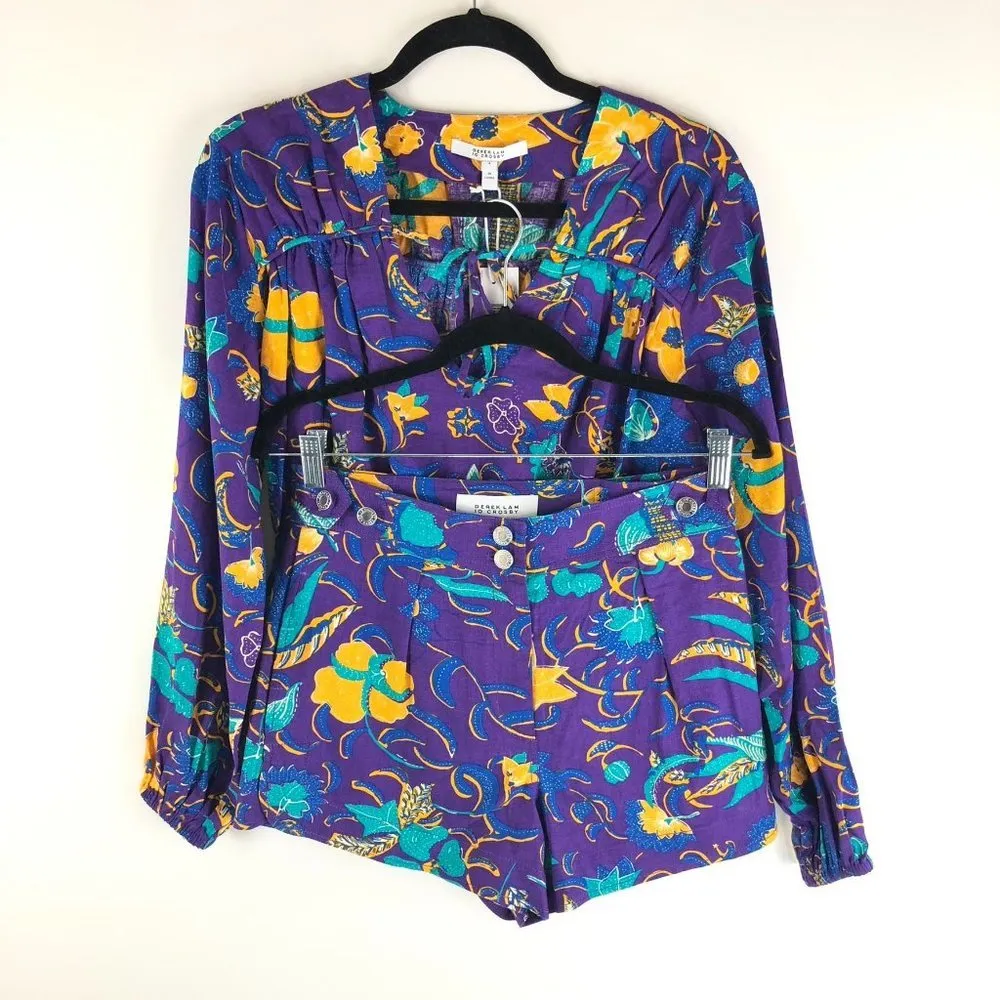 NWT Derek Lam 10 Crosby Purple Reef Long Sleeve Breanna Top & Shorts Set Size 4 - Image 3