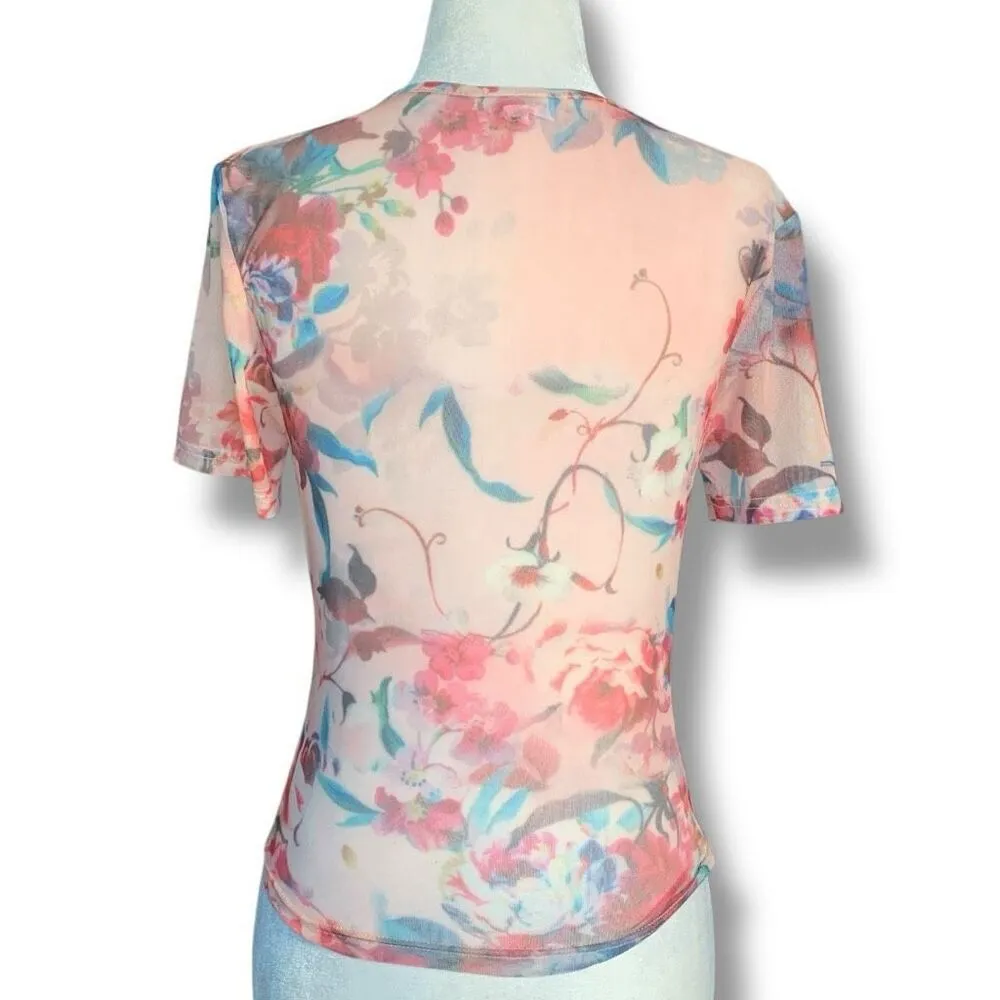 Superdown Simona Sheer Pastel Short Sleeve Top Floral Multi Size Small Y2K - Image 7