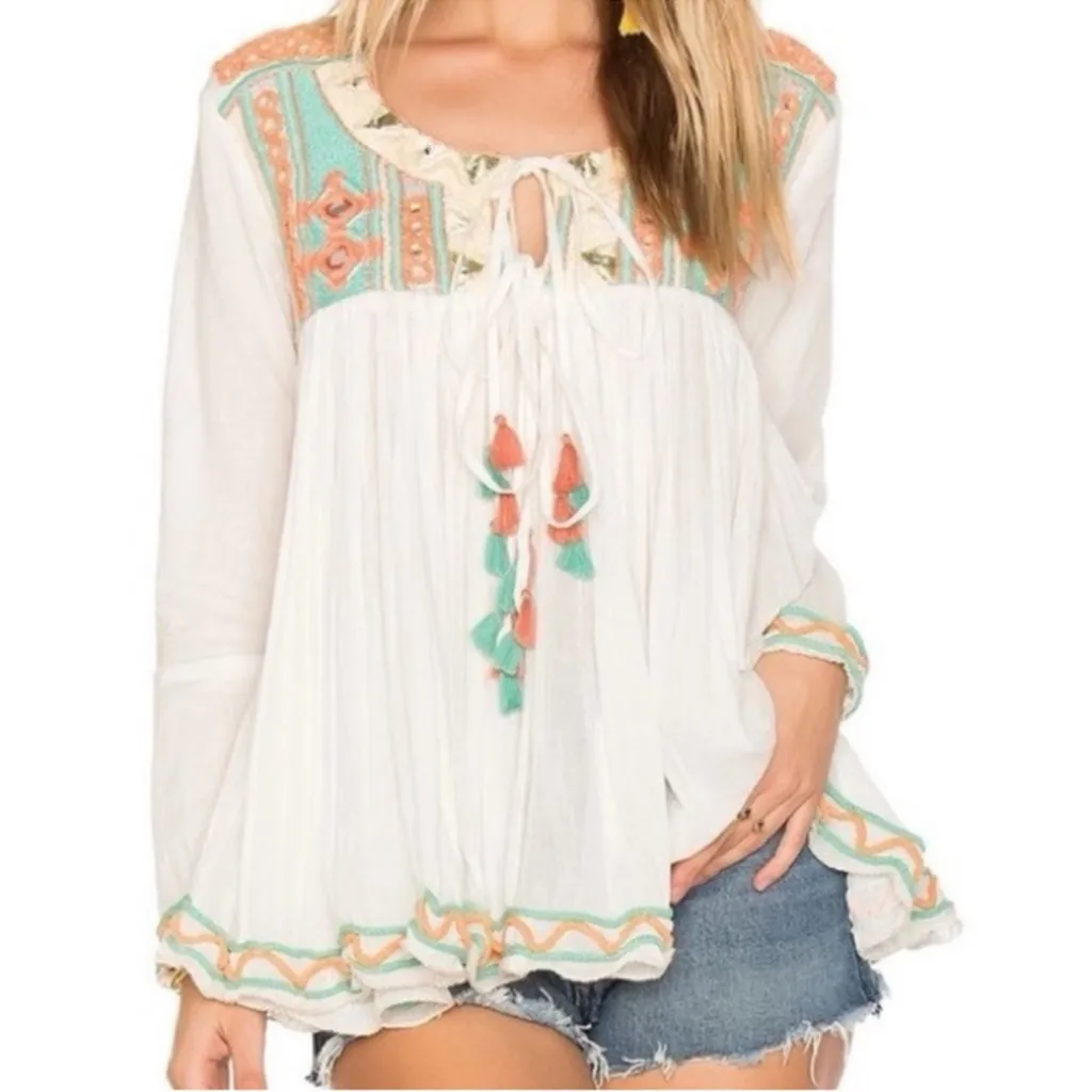 Raga Women's Coastland Boho Embroidered Long Sleeve Babydoll Swing Blouse Top XS - Image 2