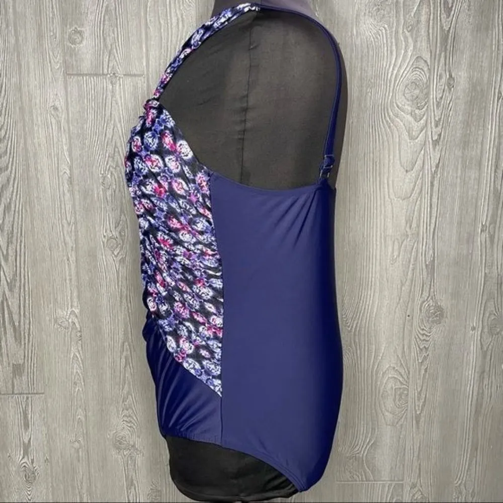 Swim for all one piece bathing suit cross top plus size floral 24 swimwear swims Blue - Image 3