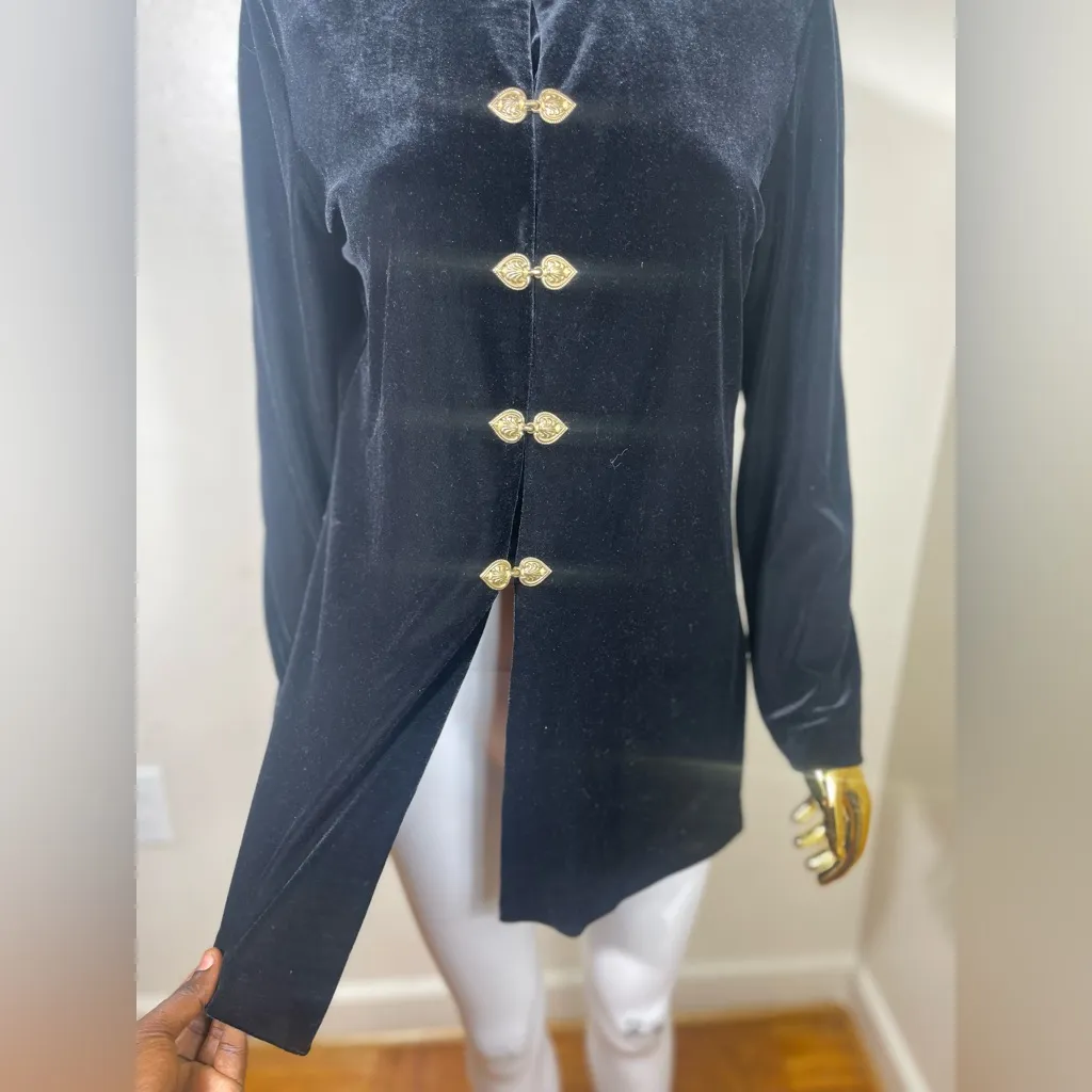 Black Karen kwong Velvet mandarin Jacket with Gold Buttons - Image 4