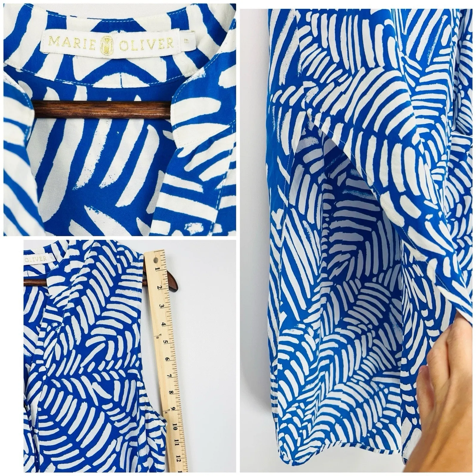 Marie Oliver Blue & White M Silk Sleeveless Midi Dress Palm Leaf Print - Image 3