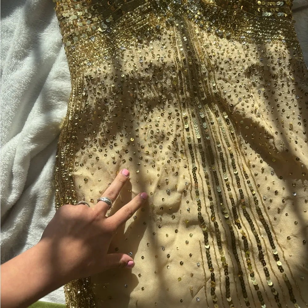 Basix Black Label Gold Sequin beaded embellished silk stone Strapless mini Dress Size 4 - Image 12