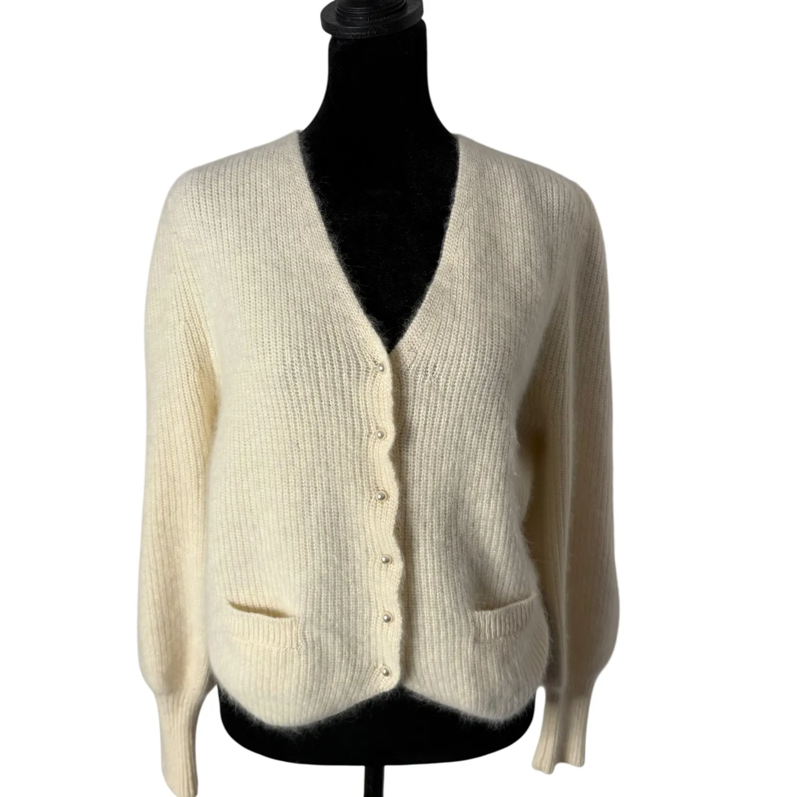 Vintage Sideffects Fuzzy‎ Cardigan Sweater Size M Cream Balloon Sleeve Cozy Knit Size M - Image 5