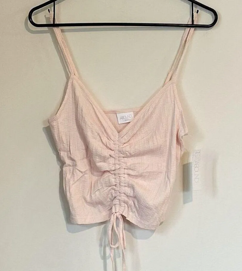 NWT Abound Pointelle Knit Ruched Tie Front Cami Tank Pink Crop Sleeveless - S - Image 2