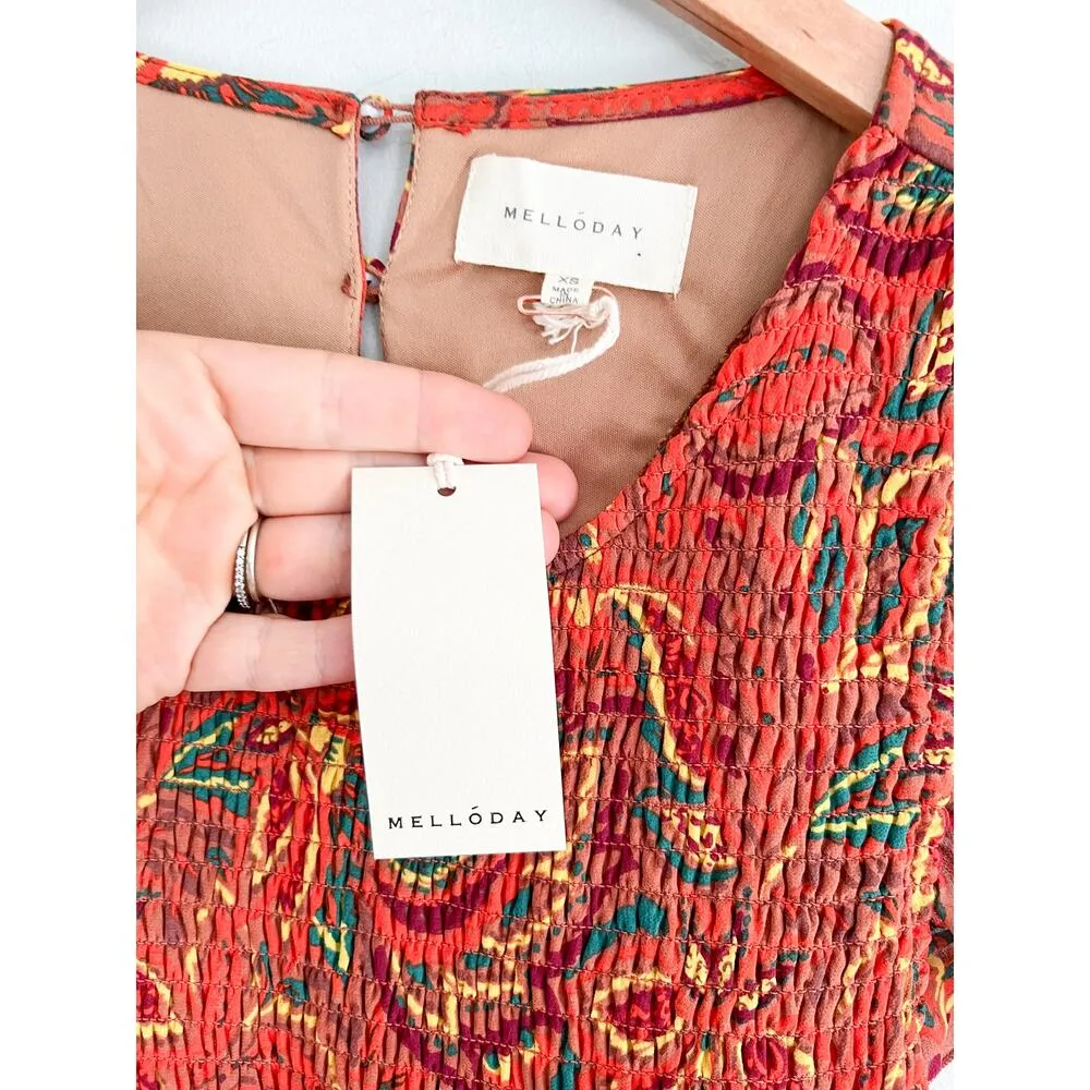 MELLODAY | Smocked Floral Sleeveless Maxi Dress | Orange Mustard Palm | Sz XS - Image 5