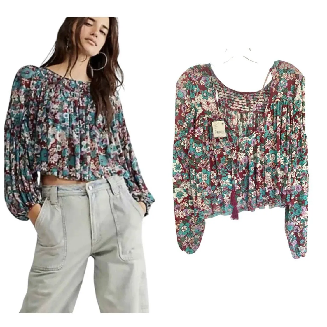 Free People Crop Floral Boho Long Sleeve Top Sz L NWT - Image 2