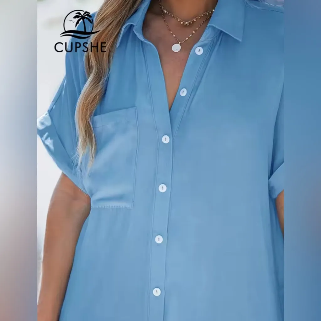 NEW Cupshe Button Dress Shirt Dress Cover Up Chambray Blue Beach XL - Image 6