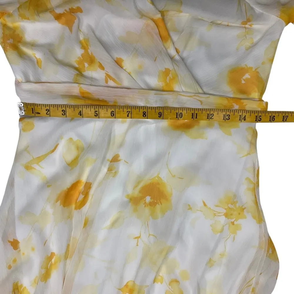DKNY Women's Yellow Floral Chiffon Faux Wrap Dress Size 10 Short Sleeve‎ Cottage - Image 12