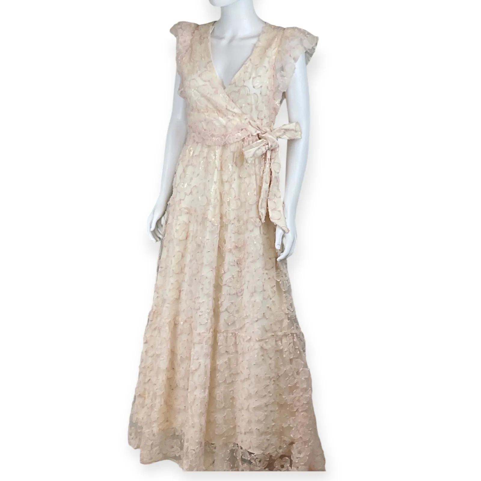 Flora Bea Porsha Dress Pink Floral Lace Maxi Wrap V Neck Cap Sleeve XS - Image 4