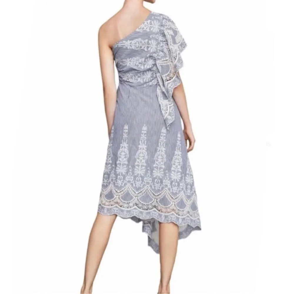 BCBGMAXAZRIA NWOT  BCBG One Shoulder Embroidered Stripe Dress Blue Combo Size 14 - Image 4