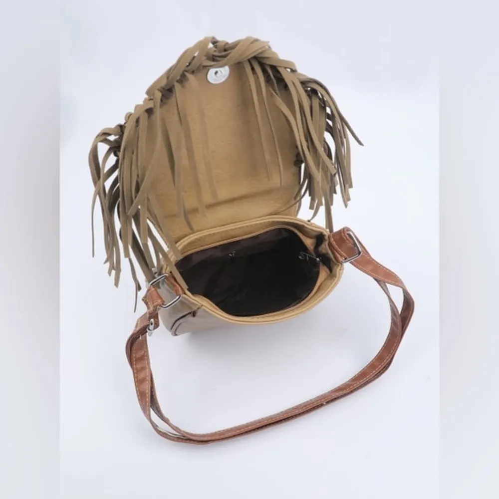 Western Fringe Suede Crossbody Bag Boho Brown & Taupe Saddle Style NWT - Image 5