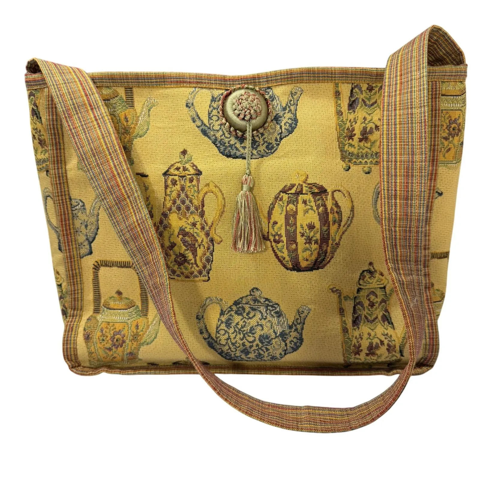 Handmade Vintage Tapestry Tote Bag Teapot Motif Fabric Gold Purse w Tassel - Image 3