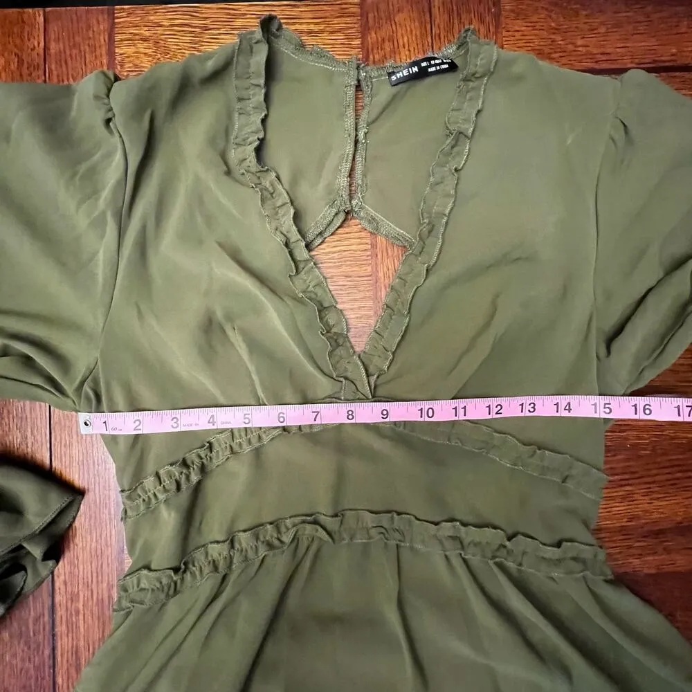 SHEIN Casual Vcay Frill Trim Flare Sleeve Ruffle Hem Dress Army Green Large Boho - Image 9