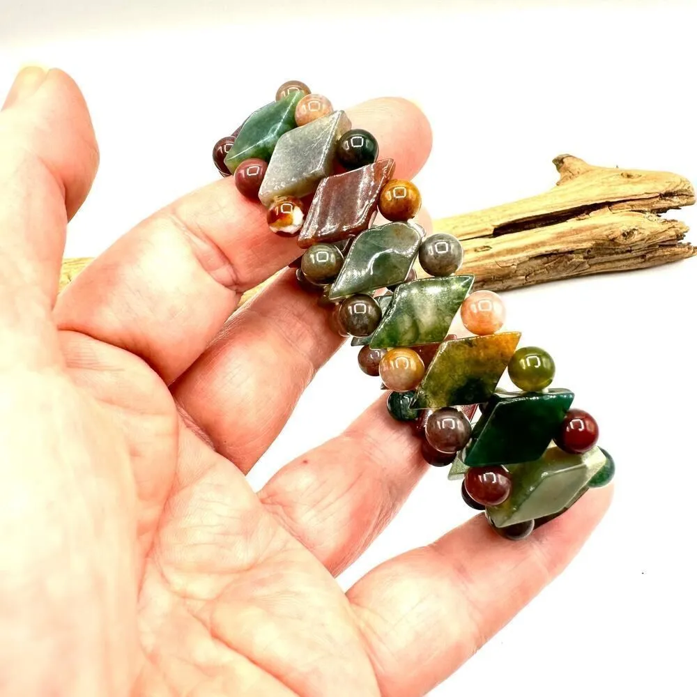 Polished Natural Stone Multicolored Agate Stretch Bracelet - Image 3