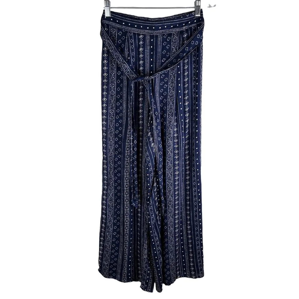 Sadie & Sage Pants Wide Leg Pants Navy Cream Small Lined Belted Boho New Blue - Image 11