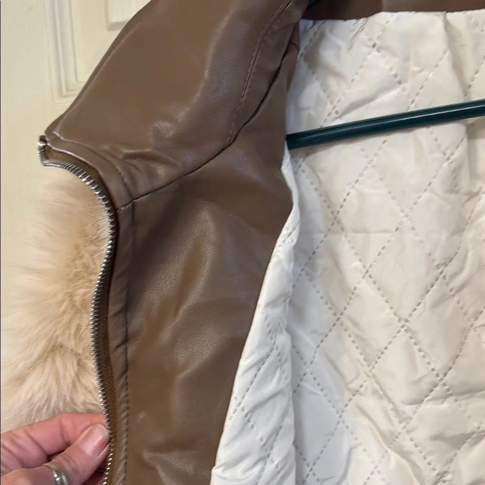 Faux Fur Jacket with Leather Accents Brown Size XS - Image 4