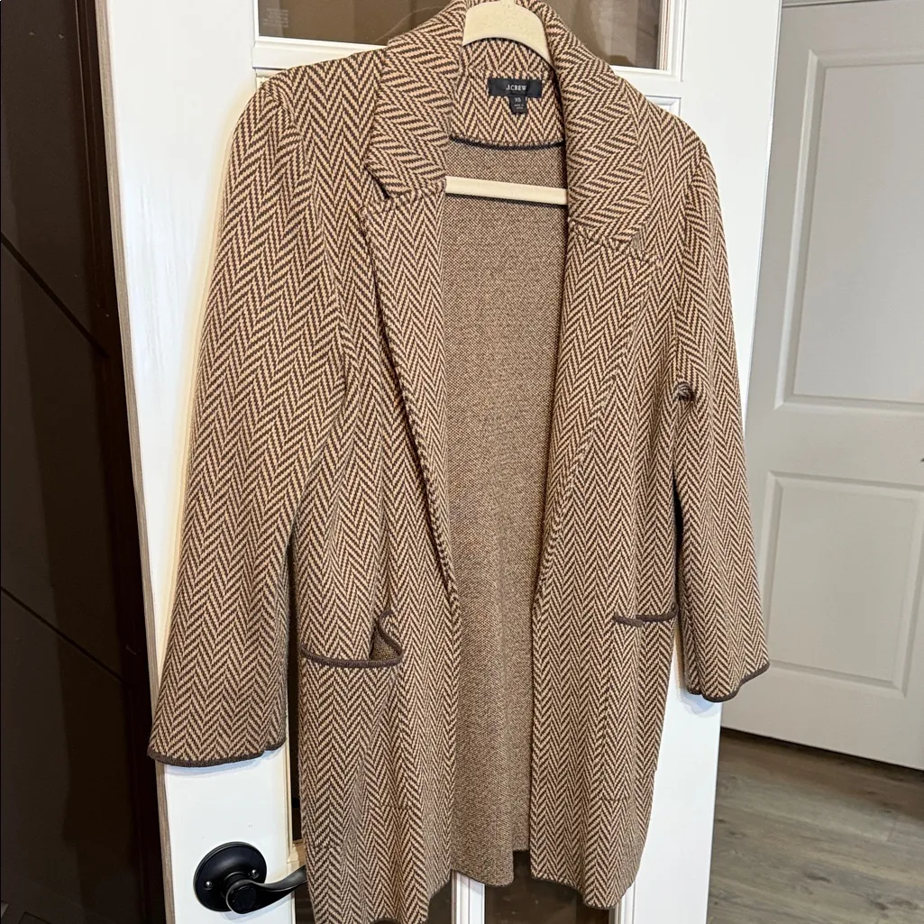 J CREW Sophie Brown Herringbone Cardigan Sweater Blazer Cotton Wool Blend XS - Image 4