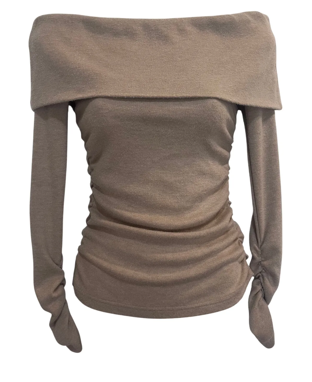 Missguided Brown Slim Off Shoulder Long Sleeve Bardot Blouse Casual Top Small - Image 1