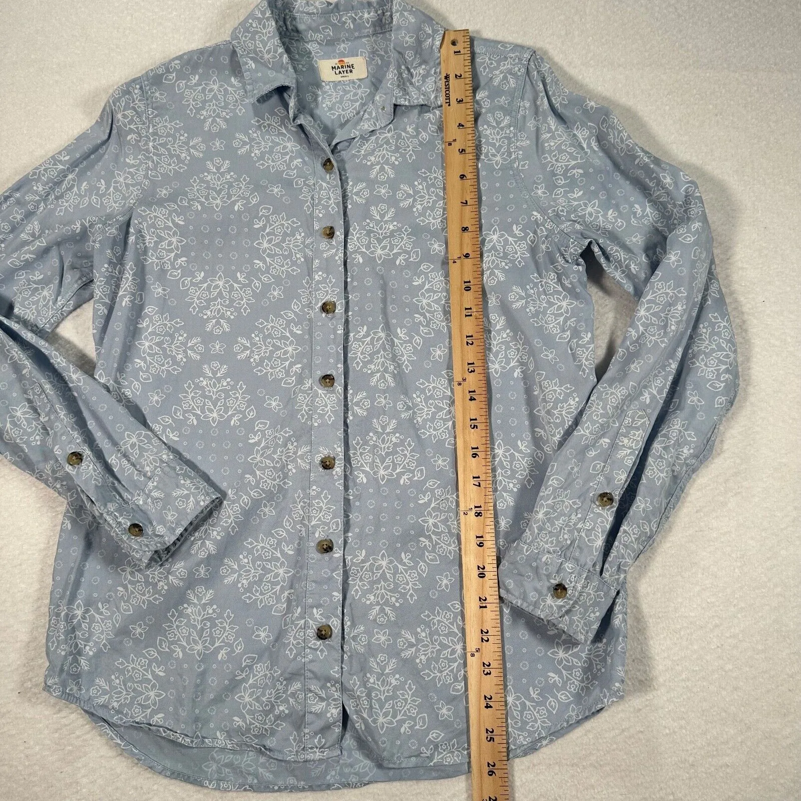 Marine Layer Button Up Lyocell Long Sleeve Top Women's Small Blue White Floral - Image 7