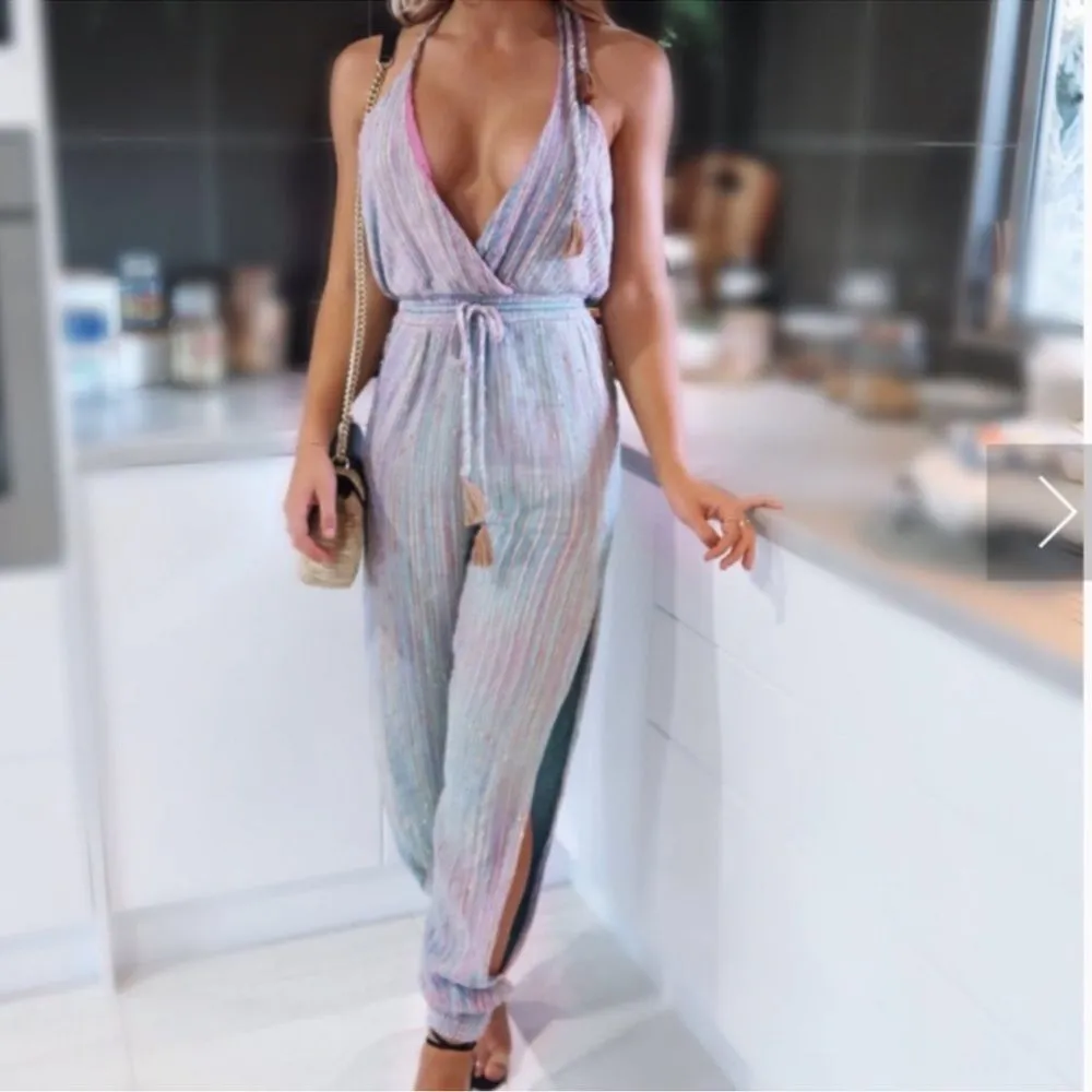 Majorelle Lisbon Jumpsuit in Rainbow Stripe Size‎ XS Halter Split Hem Boho - Image 5